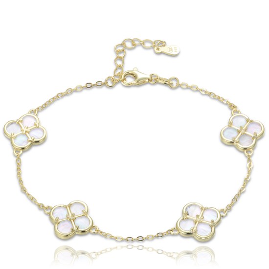MINET Pozlacený stříbrný náramek čtyřlístky s bílou perletí