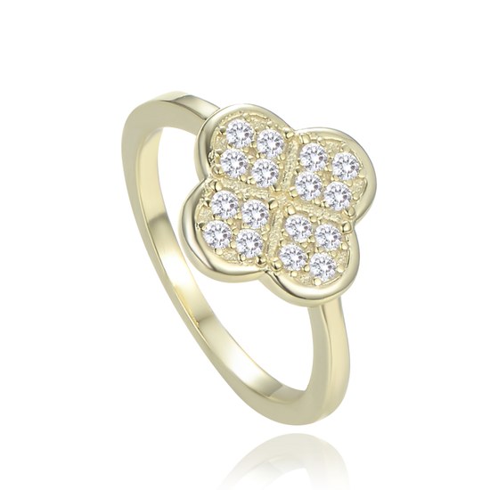 MINET Pozlacený 925/1000 stříbrný prsten čtyřlístek s bílými zirkony JMAS7058UR