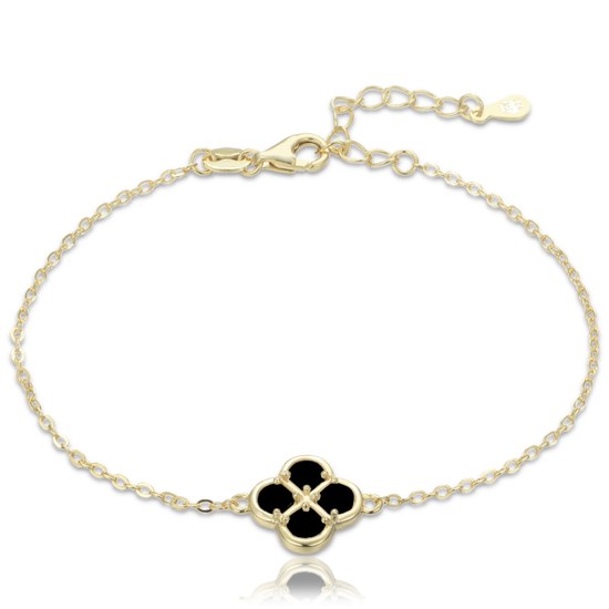 MINET Pozlacený stříbrný náramek čtyřlístek s černou perletí