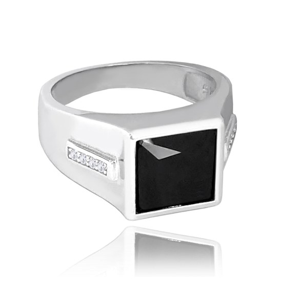 MINET Pánský pečetní stříbrný prsten s černým zirkonem vel. 68