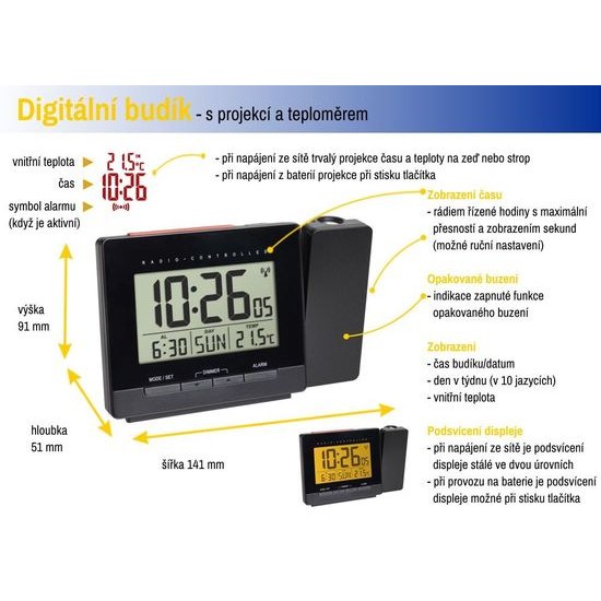 Rádiem řízený digitální budík s projekcí, zobrazením vnitřní teploty a podsvětleným displejem TFA 60.5016.01