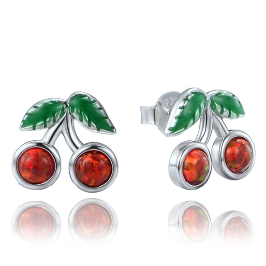 MINET Dětské stříbrné náušnice třešně s červeným opálem a bílými zirkony