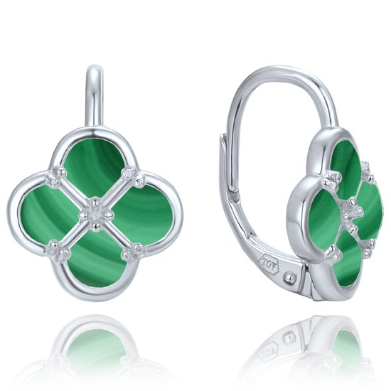 MINET Stříbrné náušnice čtyřlístky s malachitem
