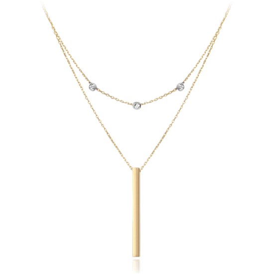 MINET Zlatý dvojitý náhrdelník s tyčkou a kuličkami z bílého zlata Au 585/1000 2,00g