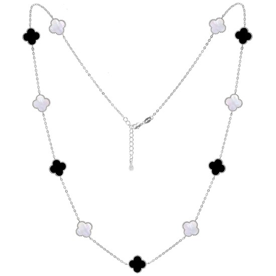 MINET Stříbrný náhrdelník čtyřlístky s bílou perletí a onyxem Ag 925/1000 12,80g
