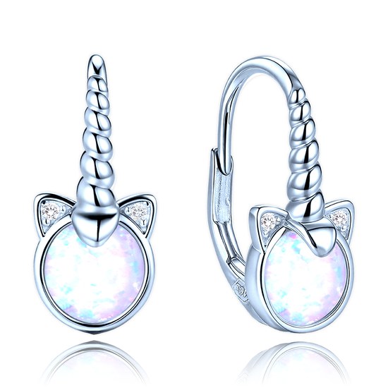 MINET Dětské stříbrné náušnice jednorožci s bílými opály a bílými zirkony