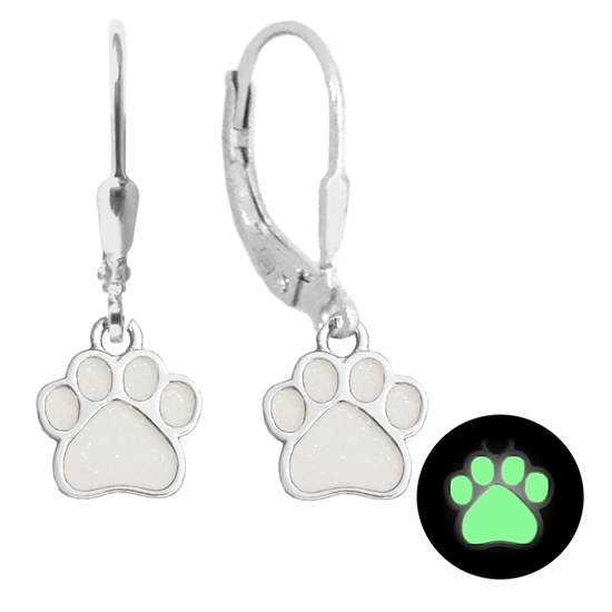 MINET Svítící bílé dětské stříbrné náušnice TLAPKY