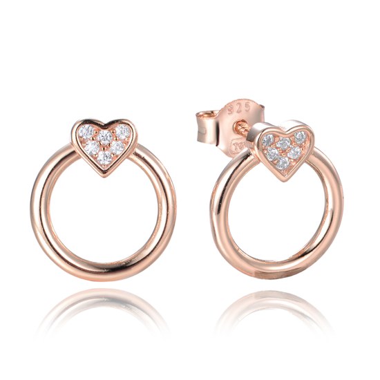 MINET Rose gold stříbrné náušnice KROUŽKY se srdíčky