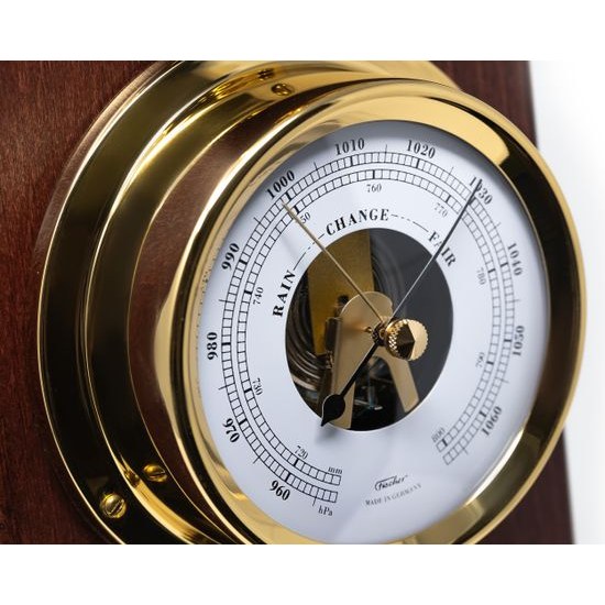 Hodiny s barometrem, teplměrem a vlhkoměrem na dřevěné podložce 1538-22