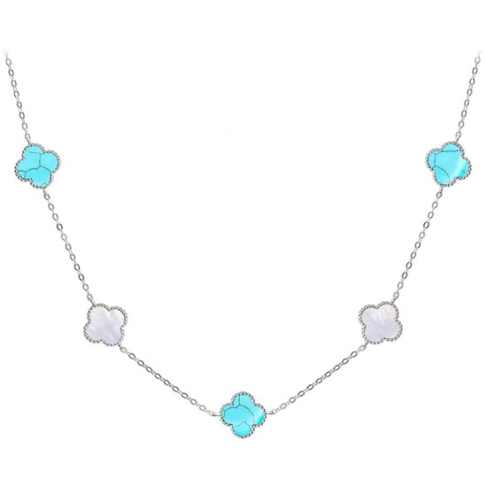 MINET Stříbrný náhrdelník ČTYŘLÍSTKY s bílou perletí a tyrkysem Ag 925/1000 12,55g