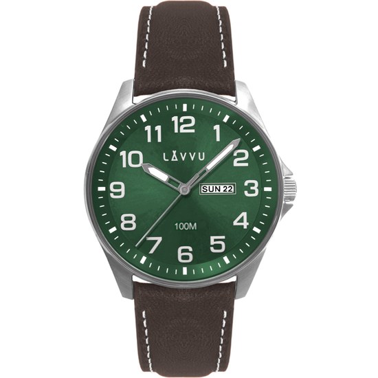 LAVVU Ocelové pánské hodinky BERGEN Green se svítícími čísly LWM0147