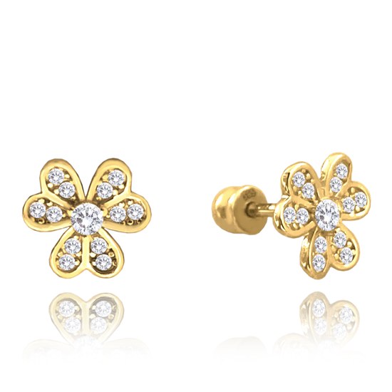 MINET Zlaté náušnice kytičky na šroubek s bílými zirkony Au 585/1000 1,45 g