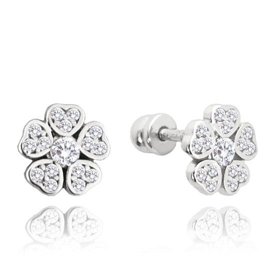 MINET Náušnice z bílého zlata kytičky na šroubek s bílými zirkony Au 585/1000 1,25g