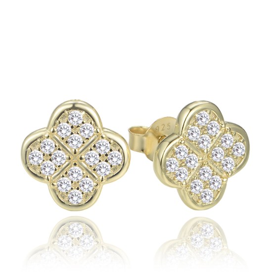 MINET Pozlacené stříbrné náušnice čtyřlístky s bílými zirkony