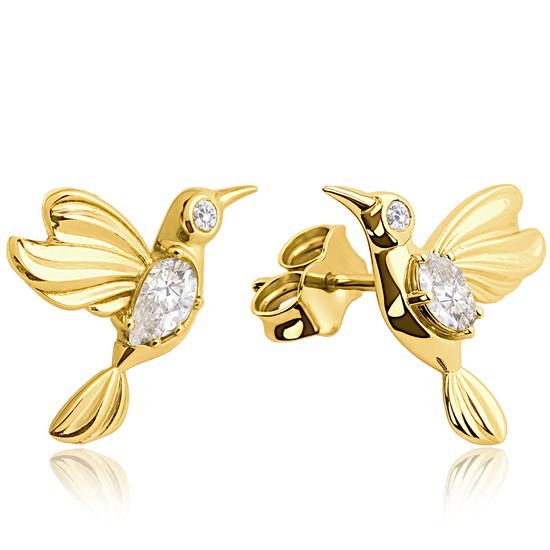 MINET Zlaté náušnice kolibříci s bílými zirkony Au 585/1000 2,20g