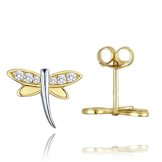 MINET Zlaté náušnice vážky ze žlutého a bílého zlata s bílými zirkony Au 585/1000 1,35g