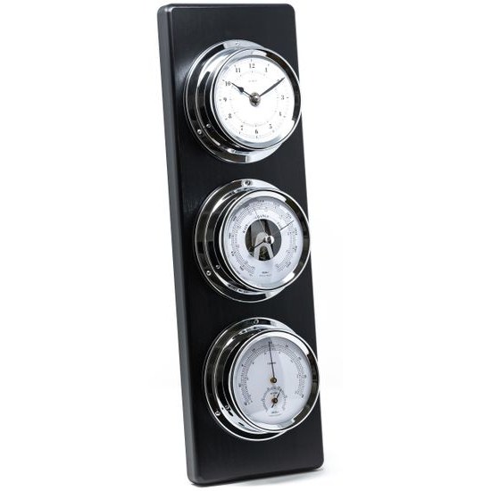 Hodiny s barometrem, teplměrem a vlhkoměrem na dřevěné podložce 1538-06