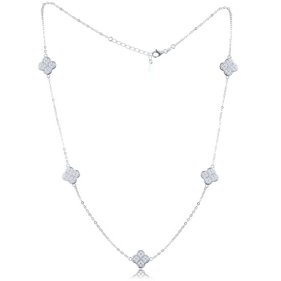 MINET Stříbrný náhrdelník čtyřlístky s bílými zirkony