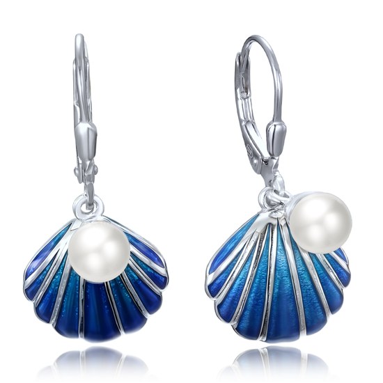 MINET Stříbrné náušnice modrá mušle s perličkou
