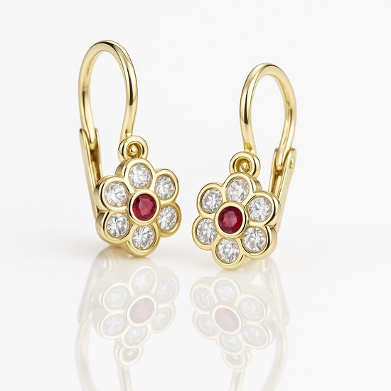 Zlaté naušnice kytičky bílé s červeným středem brizura