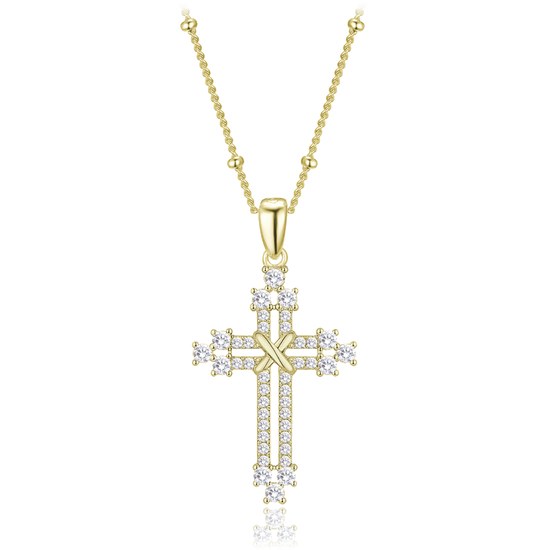 MINET Pozlacený stříbrný náhrdelník křížek se zirkony a řetízek s kuličkami