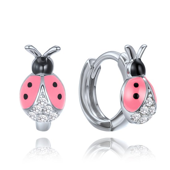 MINET Dětské stříbrné náušnice růžové berušky vykládané zirkony