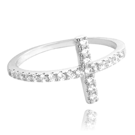 MINET Stříbrný prsten KŘÍŽEK s bílými zirkony vel. 50