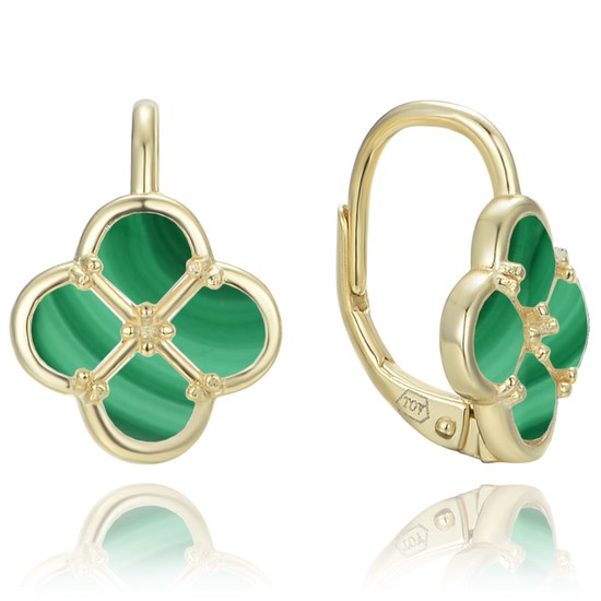 MINET Pozlacené stříbrné náušnice čtyřlístky s malachitem