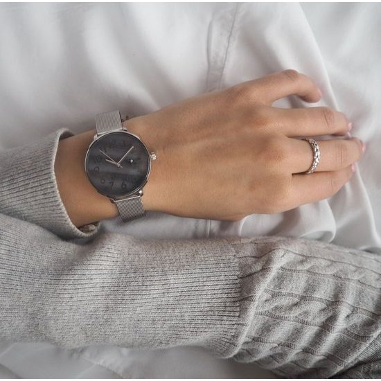 MINET MWL5171 Stříbrné dámské hodinky PRAGUE Black Flower Mesh s čísly