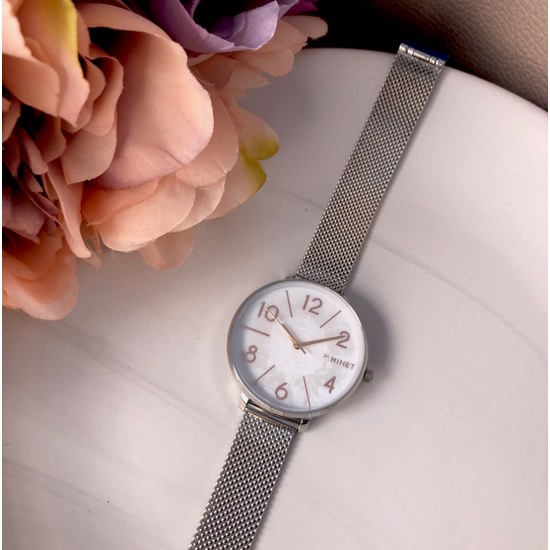 MINET Stříbrné dámské hodinky PRAGUE Silver Flower Mesh s čísly MWL5203