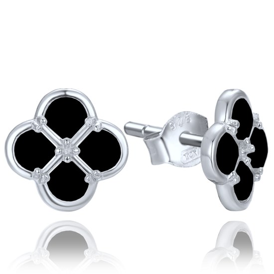 MINET Stříbrné náušnice čtyřlístky s černou perletí