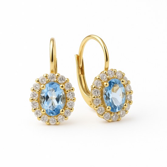 Zlaté náušnice se zirkony modrým kamenem klapkové
