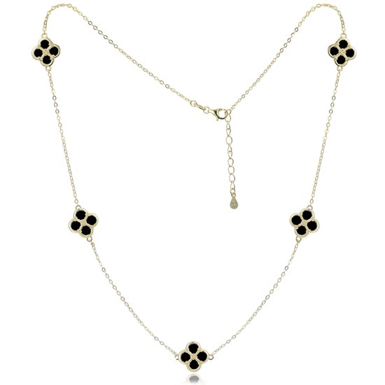 MINET Stříbrný náhrdelník čtyřlístky s černou perletí