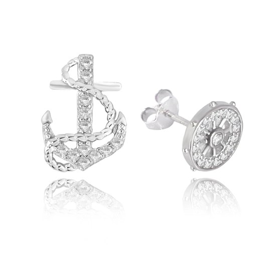 MINET Letní stříbrné náušnice KORMIDLO a KOTVA s bílými zirkony
