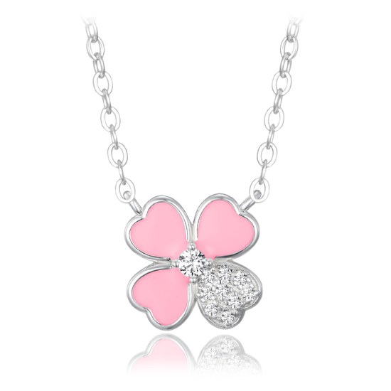 MINET Stříbrný náhrdelník růžová kytička s bílým zirkonem