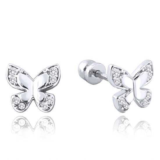 MINET Náušnice z bílého zlata na šroubek motýlek s bílými zirkony Au 585/1000 1,55g