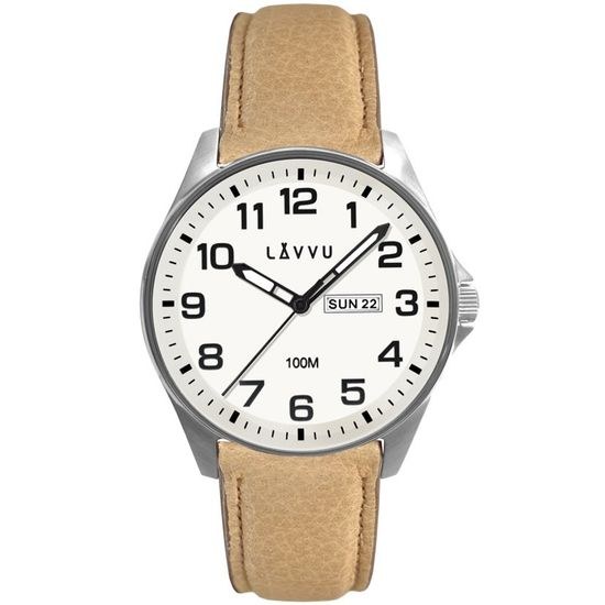 LAVVU Ocelové pánské hodinky BERGEN White / Top Grain Leather se svítícím číselníkem