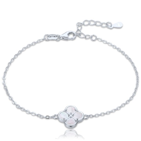 MINET Stříbrný náramek čtyřlístek s bílou perletí