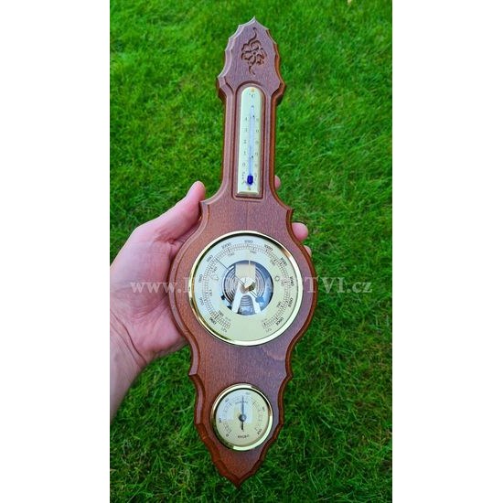 Barometr s teploměrem a vlhkoměrem na dřevěné podložce B203023