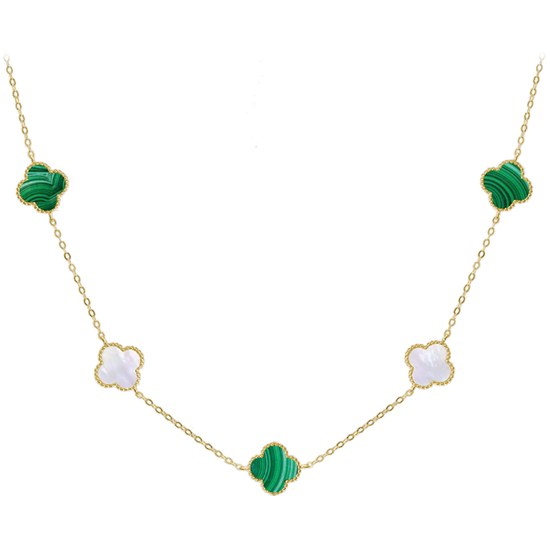 MINET Pozlacený stříbrný náhrdelník ČTYŘLÍSTKY s bílou perletí a malachitem Ag 925/1000 12,45g