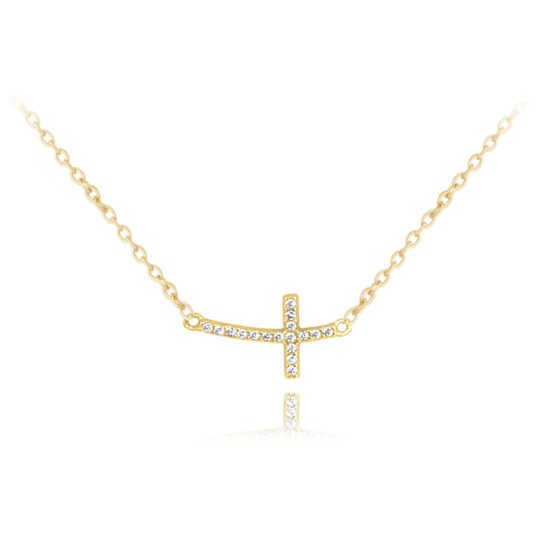 MINET Pozlacený stříbrný náhrdelník drobný ležatý KŘÍŽEK se zirkony
