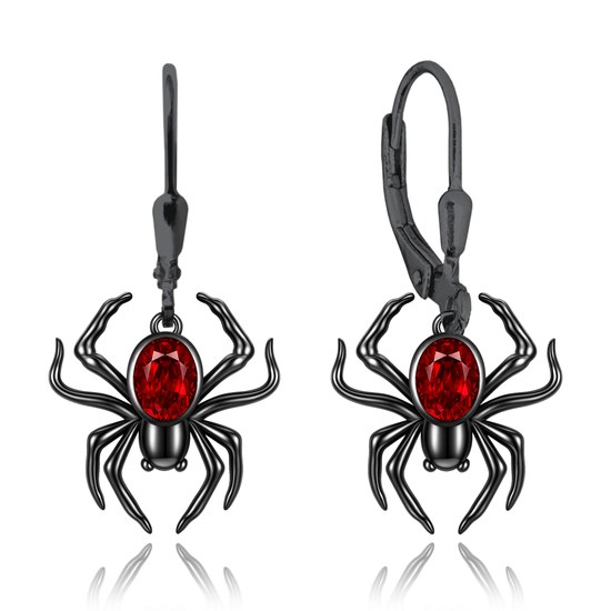 MINET Moderní stříbrné černé náušnice pavouci s červenými zirkony