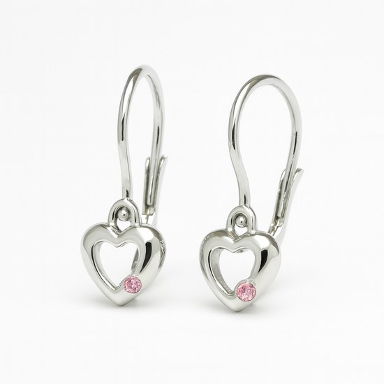 Zlaté naušnice z bílého zlata srdíčka s růžovým kamínkem brizura