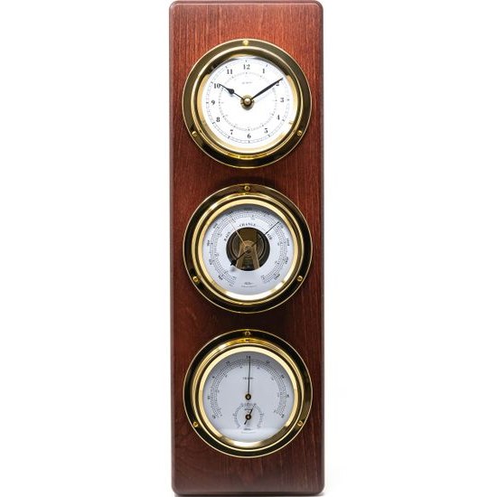 Hodiny s barometrem, teplměrem a vlhkoměrem na dřevěné podložce 1538-22