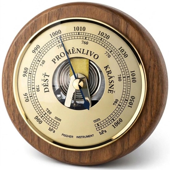 KUBRi 0203B - špičkový barometr osazený v dubovém dřevě a namořen do odstínu ořechu