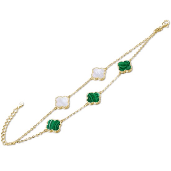 MINET Pozlacený stříbrný náramek ČTYŘLÍSTKY s bílou perletí a malachitem