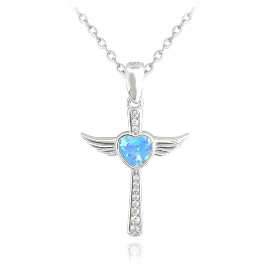 MINET Stříbrný náhrdelník ANDĚLSKÝ KŘÍŽEK s modrým opálovým srdíčkem
