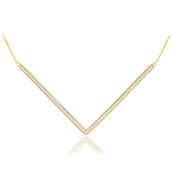 MINET Pozlacený stylový stříbrný náhrdelník "V" s bílými zirkony