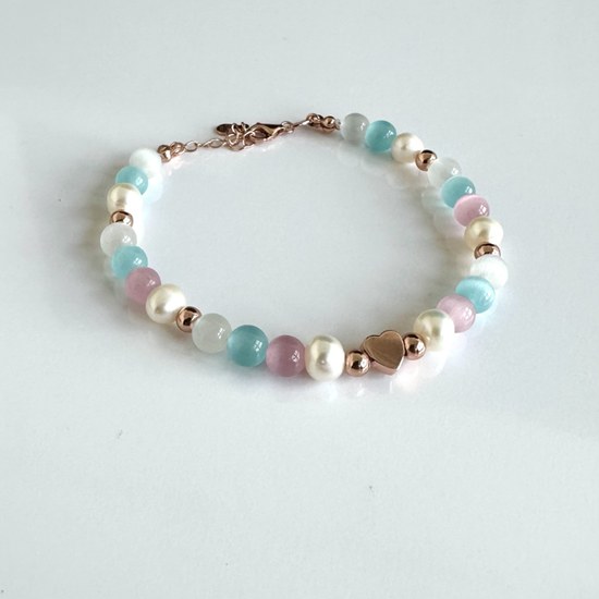 MINET Rose gold stříbrný náramek s přírodními perlami a barevnými kuličkami