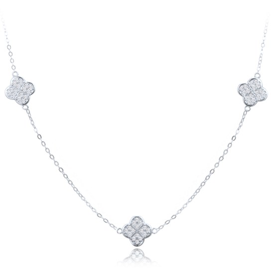 MINET Stříbrný náhrdelník čtyřlístky s bílými zirkony